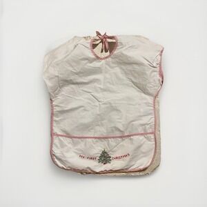 VTG My First Christmas Baby Bib Embroidered Cloth Plastic Backing Pocket Tie